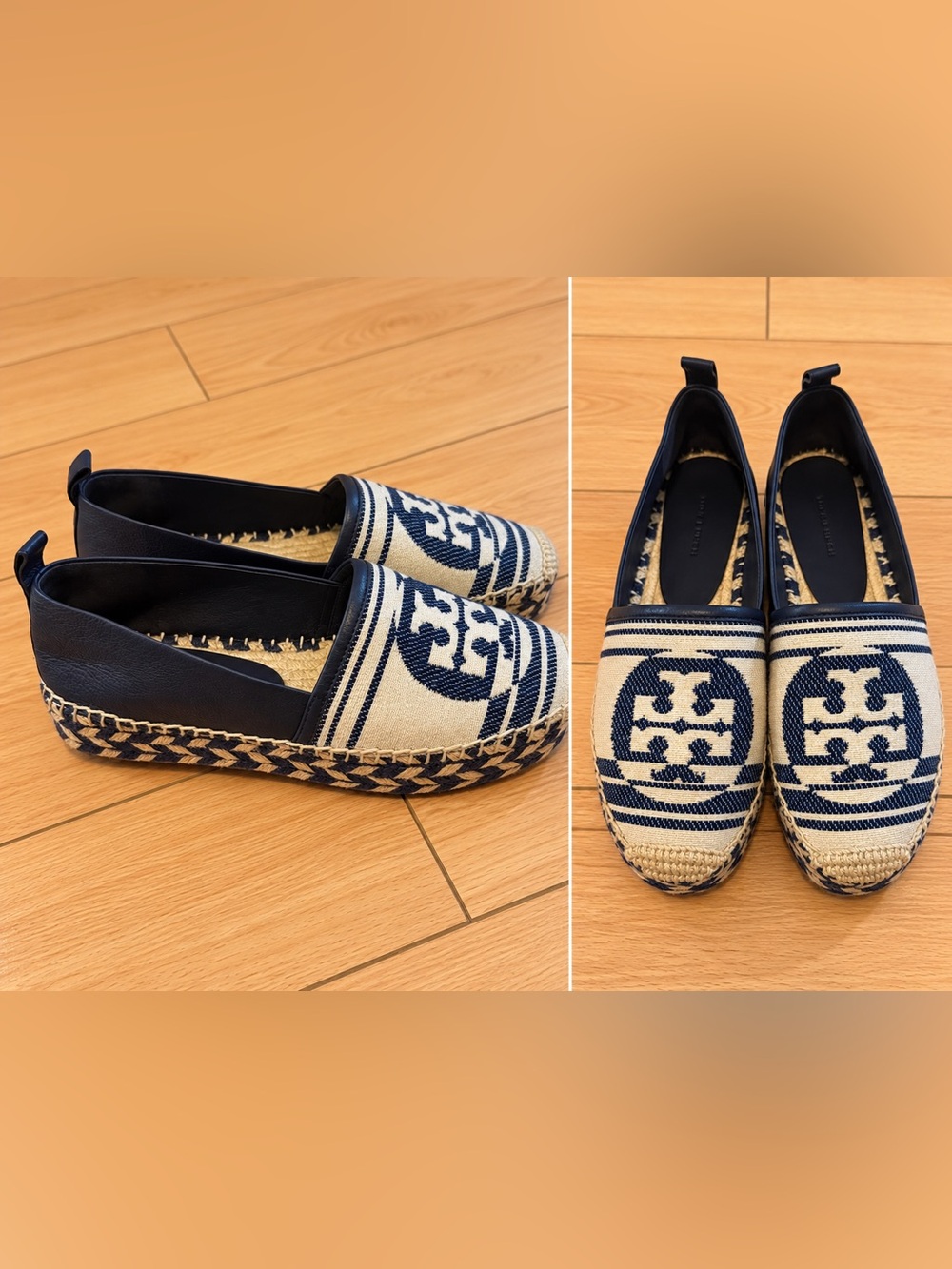 Tory Burch Navy and Cream Woven Logo Espadrille